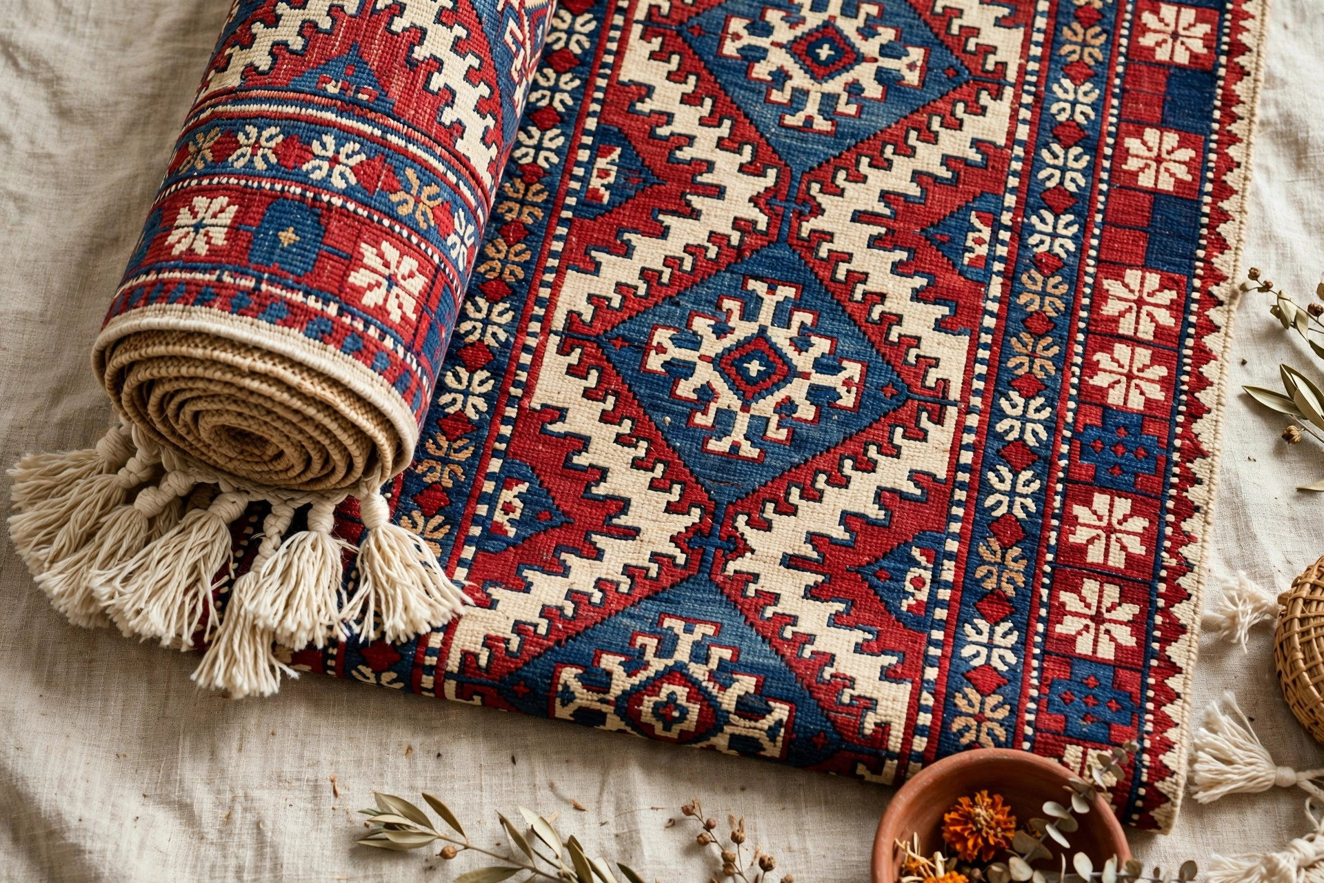 Handwoven carpets on traditional loom
